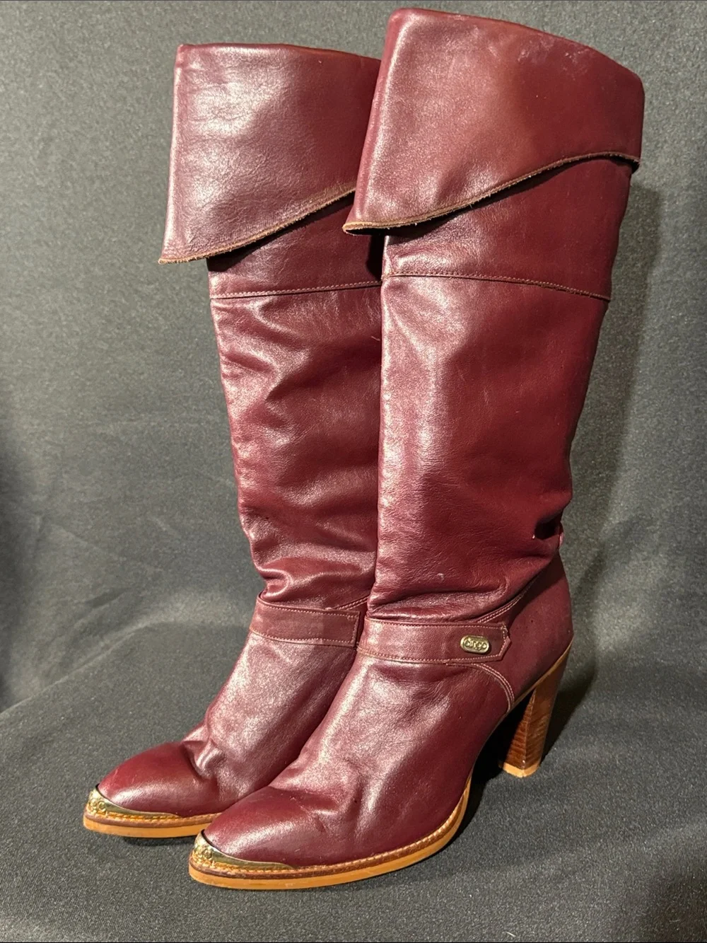 dingo Burgundy Fold-Over Over-the-Knee Leather Boots with Wooden Heel